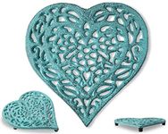 Cast Iron Heart Trivet - Decorative Cast Iron Trivet For Kitchen Or Dining Table - Vintage, Rusted Design - 6.75X6.5" - With Rubber Pegs/Feet - Recycled Metal - Blue