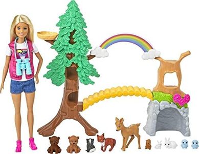 Barbie Wilderness Guide Doll and Playset, Blonde Fashion Doll with 10 Animal Figures, Tree, Rainbow and More