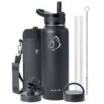 BUZIO 1180ml Water Bottle, Stainless Steel Insulated Water Flask with Straw Lids, Canteen Metal Thermo Mug Hydro Cup Jug, Double Vacuum Hot Cold Water Bottles with Carrying Pouch, Black