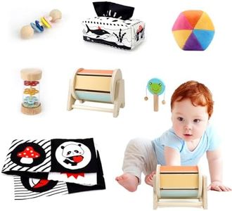 Montessori Toys for Babies 0-6 Months, 7 in 1 Learning Educational Set Newborn Toys 6-12 Months, Rainbow Ball, Baby Black and White Books, Tissue Box Toy, Spinning Drum, Rattle Toy