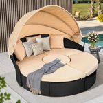 YITAHOME Outdoor Furniture Patio Round Daybed with Retractable Canopy, Soft Cushions, and Storable Side Table for Leisure in Porch Backyard, Light Brown & Beige