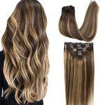 GOO GOO Clip in Hair Extensions Human Hair, 14inch 120g 7Pcs, #4/27/4 Balayage Chocolate Brown to Caramel Blonde, Hair extensions for women, Human Hair Extensions Clip in