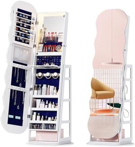 Lvifur 360° Swivel Jewelry Cabinet with Lights,LED Jewelry Organizer with Full Length Mirror, Lockable Wavy Mirror Jewelry Cabinet Standing with Rear Storage Shelves,Makeup Tray,White