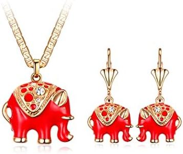 Barzel 18K Gold Plated Elephant Necklace & Earrings Set - Made In Brazil (20 Inches, Red)