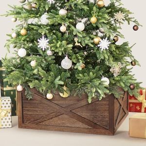 Perfnique Christmas Tree Collar, 22'' Durable Wood Tree Base, Handmade Tree Skirt Box Stand Suitable for 7.5 FT Tree, Tree Stand Cover for Modern Farmhouse Home, Xmas Merry Christmas Decor (Walnut)