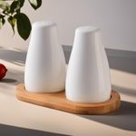 The Better Home Ceramic Salt and Pepper Shakers Set (Pack of 1) with Wooden Tray | Dining Table Decorative Items | Salt Pepper Set for Dining Table | Salt and Pepper Shaker | White