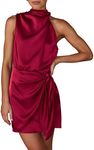 PRETTYGARDEN Women's Short Formal Satin Dress Summer Sleeveless Mock Neck Tie Waist Cocktail Party Dresses (Deep Red,XX-Large)