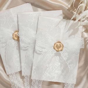 UNIQOOO 50 Sets Wedding Invitation Kit, White Floral Vellum Jackets for 5x7 Invitations w/Lace Ribbon & Eucalyptus Wax Seal Stickers, Wedding Invitation Accessories
