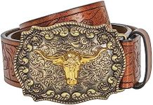 JowTreex Western Leather Buckle Belts - Cowboy Longhorn Bull Pattern Buckle Belt Floral Engraved Buckle Belt for Men Women