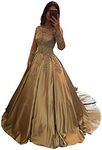 BessDress Off The Shoulder Formal Ball Gown Lace Illusion Long Sleeves Evening Party BD282, Gold Style 2, 26