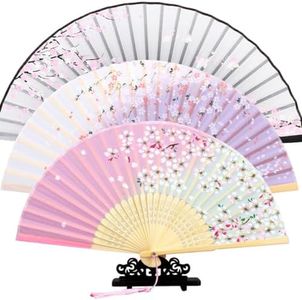 iDopick 3 Pieces Silk Handheld Floral Folding Fans Hand Held Fans Chinese Style Fan with Tassel Women's Hollowed Bamboo Vintage Hand Holding Fans for Wedding Gift, Party Favors, Daily Use