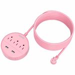 Pink Extension Cord 15ft, NTONPOWER Flat Plug Power Strip with Long Extension Cord, 3 Outlet 2 USB Desktop Charging Station Wall Mount for Home, Dorm Room, Office and Nightstand, ETL Listed