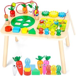 HEYLANDU Activity Table for 1+ Year Old Girls Boys, 7-in-1 Wooden Montessori Toys, Activity Center, Baby Toddler Sensory Toys Kids First Birthday Gift