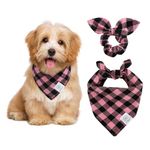 E-Clover Dog Bandanas & Matching Scrunchie Girl Dog Bandana Pink Plaid Pet Scarf Bib for Small Dogs Puppy Owner Mom Gift