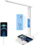 poukaran LED Desk Lamp with Wireless Charger, USB Charging Port, Office Table Lamp with Clock, Alarm, Date, Temperature for Home Office, White