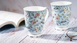 GOLDEN QUEEN'S Bone China Footed Series - Milk & Coffee Mug, 300 Ml - Set Of 2 (Blue Botanical)