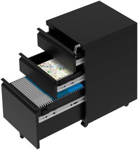 GarveeHome 3 Drawer Mobile File Cabinet, Office Lateral Filing Cabinets with Lock/2 Keys, Under Desk Metal File Cabinet with Adjustable Shelf for Legal Letter A4 Files, Easy Assembly, Black