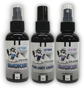 Smokers Odor Eliminating Spray Completely removes Smoke Odors. Proven Formula Using OAM Technology That Safely removes Odors for Good. Three 4 oz bottles One Bamboo Teak, one new Sky Blue and one unscented.