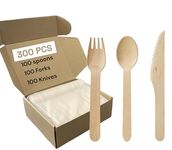 300 Pack Disposable Wooden Cutlery Set - 100 Spoons 100 Forks 100 Knives All Natural Compostable Cutlery Set