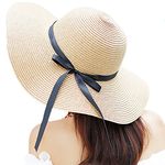 Itopfox Women's Big Brim Sun Hat Floppy Foldable Bowknot Straw Hat Summer Beach Hat Beige, Free Size