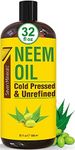 Pure Cold Pressed Neem Oil - Big 32 fl oz Bottle - Non-GMO, Hexane Free, 100% Pure Neem Oil for Plants Spray, Skincare, & Haircare. Treats Dry Skin, Wrinkles, & Promotes Healthy Hair Growth