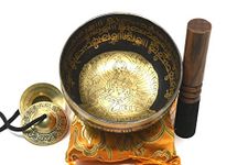 10" Healing Meditation Mantra Carved G Note Singing Bowl, Etching Tibetan Art, Hand Hammered Singing Bowls with Silk Cushion, Gong & Mallet Striker