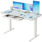 FEZIBO Glass Standing Desk with Drawer, 55 x 24 Inch Height Adjustable Electric Desk with One-Piece Tabletop and USB Ports, White