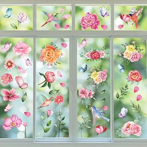 79 PCS Spring Window Clings,Spring Flower Window Clings for Glass Windows,Double-Sided Birds Floral Butterfly Window Stickers for Spring Decor (9 Sheets)