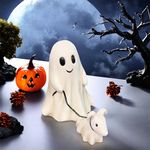 Ghost Walking Dog Statue, Ghost Dog Halloween Decor, Halloween Table Decoration, Spooky Dog Sculpture, Walking Ghost & His Ghost Dog Figurine Halloween Home Indoor Outdoor Decorations 5.9’’