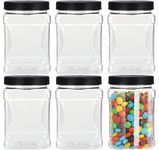 Lawei 6 Pack Clear Plastic Jars with Lids - 32 Oz Square Plastic Jars Containers with Easy Grip Handles Plastic Storage Jars for Dry Goods Cookies Candy and More