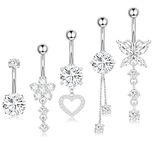 VCMART Surgical Stainless Steel Dangle Belly Button Rings for Women Belly Ring Dangling Piercing Jewelry with Heart Flower Butterfly Silver Tone 14G