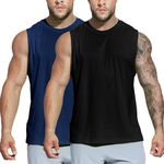 NOTWILD Men's Sleeveless Workout Swim T-Shirts Quick Dry Running Tank Tops Cotton Gym Muscle Tees Combo Pack of 2 Black and Blue Color (Large)
