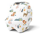 YayaTete Stretchy Multi Use Cover Woodland Animals Car Seat Canopy Nursing Breastfeeding Cover Up Shopping Grocery Cart High Chair Covering Baby Nursery Decor, White, Tan, Brown, One Size