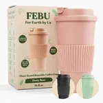 FEBU Plant-Based Reusable Coffee Cup with Lid and Sleeve | 16oz, Dusty Rose | Portable Travel Mug made from Bamboo | Dishwasher Safe, Zero Waste, Plastic Free with Leak-Proof Screw-on Lid