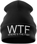 WTF Wheres The Fish Embroidered Carp Fishing Beanie Hat for Mens Fishing Gifts for Men (Black)