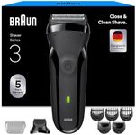 Braun Series 3 Electric Shaver, 300BT, Grey - Dry Razor for Men, 3 Flexible Blades, Beard Trimmer Attachment, +5 Combs, Designed in Germany, Includes Rechargeable Battery