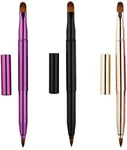 3 Pieces Retractable Lip Brush, Dual End Lip Concealer Brushes Lipstick Eyeshadow Foundation Makeup Brush Tool Applicators Set with Cap (Gold, Black, Purple）
