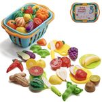 Kidow Toys Pretend Play 33pcs Fruit & Vegetable Cutting Set: Plastic Toy Food, Toddler Toys Kitchen Accessories with Child-Safe Toy Knife, Play Kitchen Basket for Kids, Fake Food Playset for Children