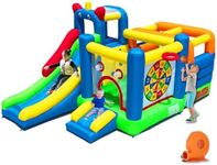 HuaKastro Bouncy Castle - Inflatable Playground with Crossbar Obstacle on Large Bouncy Area, 1x Tall & 1x Small Slide, Giant Dart Board, Climbing Wall - for Indoor Outdoor Kids Party Family Gatherings