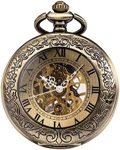 ManChDa Pocket Watch - Special Magnifier Cover Mechanical Pocket Watches Skeleton Hand Wind Steampunk Roman Numerals Antique Fob Watch and Chain + Gift Box, Bronze, S, Antique