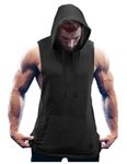 Coofandy Men's Workout Hooded Tank Tops Bodybuilding Muscle Cut Off T Shirt Sleeveless Gym Hoodies, Black, Large