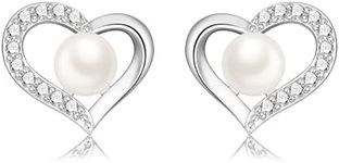 Pearl Earrings for Women - 925 Sterling Sliver Pearl CZ Heart Studs Earrings, Dainty Wedding Pearl Earrings Bridesmaid Gift, Valentines Pearl Earrings Jewelry Ladies Girls Gifts