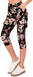 ALWAYS Capri Cargo Jogger Pants for Women - Super Soft Casual Drawstrings Track Cuff Bottoms, 1882bk Floral, X-Large