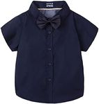 LittleSpring Boys Button Down Shirts for Kids Short Sleeve Dress Shirt with Bow Tie Navy Size 7