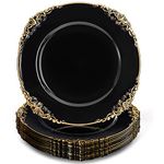 Okllen 12 Pack Plastic Round Charger Plates, 13" Dinner Charger Dessert Plates with Gold Rim, Vintage Charger Serving Plates for Catering, Wedding, Tabletop Decor, Black, Floral Trim