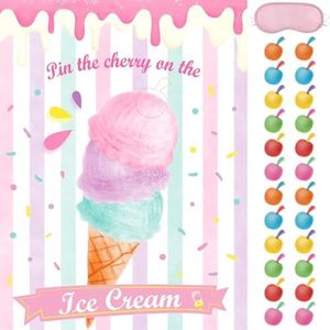 WERNNSAI Pin the Cherry on the Ice Cream Game – 53 cm x 72 cm Ice Cream Party Supplies for Kids Girls with 24 PCS Cherry Stickers Ice Cream Birthday Party Game Poster Decorazione da parete