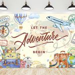 Riyidecor Let The Adventure Begin Backdrop World Map Adventure Awaits Airplane Baby Shower Decorations 7Wx5H Feet Travel Hot Air Balloon Photography Background Graduation Birthday Photo Shoot Fabric