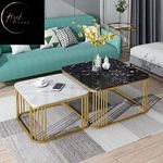 RIZIK STORE Iron Frame Handmade Square 20"X20" Coffee/Nesting/Side/Center Table With Marble Finish Mdf White Top For Living Room/Drawing Room/Balcony Gold (Set Of 2) (Black)