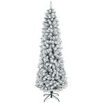 HOMCOM 7ft Tall Pencil Christmas Tree, Artificial Flocked Christmas Tree with 687 Branch Tips and Steel Base, Holiday Décor for Home Office, Green