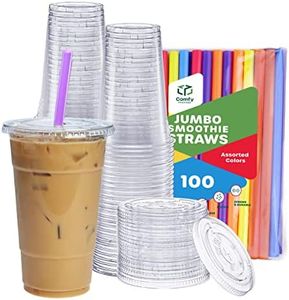 Comfy Package [24 oz. - 100 sets Clear Plastic Cups With Flat Lids & Straws - Disposable Clear Drinking Cups For Iced Coffee, Cold Drinks, Milkshakes, and Smoothies